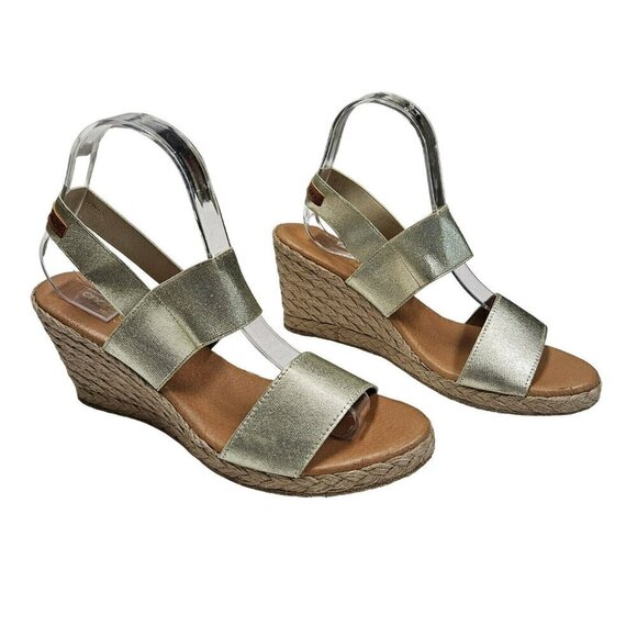 Andre Assous Allison Wedge Sandals Espadrille Gold Metallic Leather Womens 9-9.5 - Picture 1 of 13